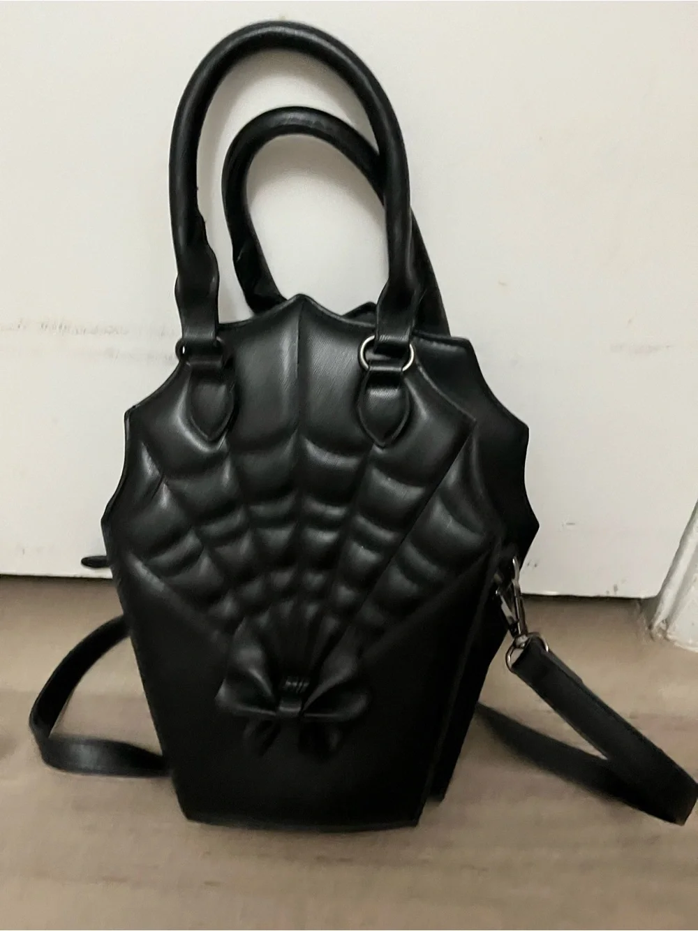 Banned Alternative Black Coffin Quilted Spiderweb Tote Shoulder Bag Bow Accent